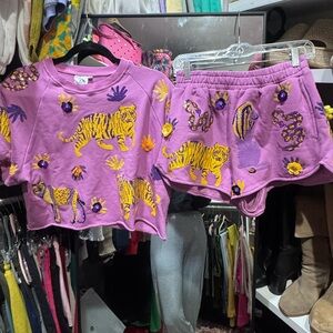 QUEEN OF SPARKLES XS Purple Tiger & Floral Embroidered and sequin Set